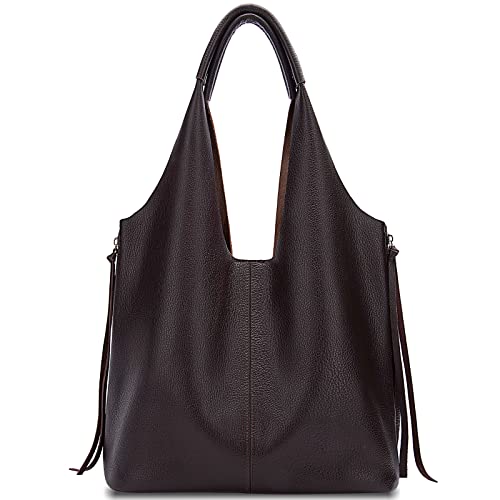 Women genuine leather hobo handbag: large capacity shopping bag tote shoulder purse coffee