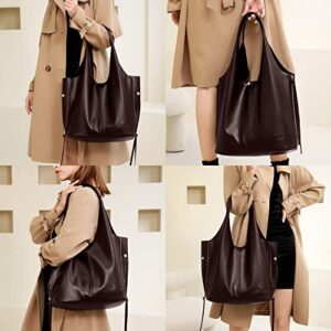 Women genuine leather hobo handbag: large capacity shopping bag tote shoulder purse coffee