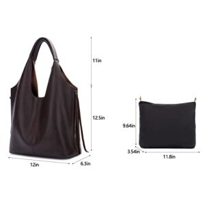 Women genuine leather hobo handbag: large capacity shopping bag tote shoulder purse coffee