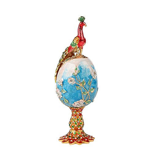 QIFU Vintage Blue Peacock Faberge Egg Style Trinket Box Hinged, Unique Gift for Family