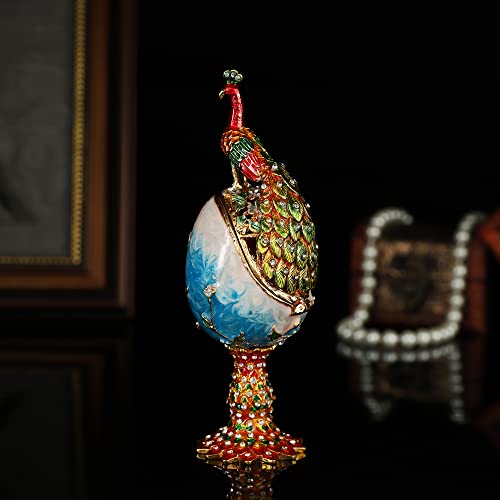 QIFU Vintage Blue Peacock Faberge Egg Style Trinket Box Hinged, Unique Gift for Family