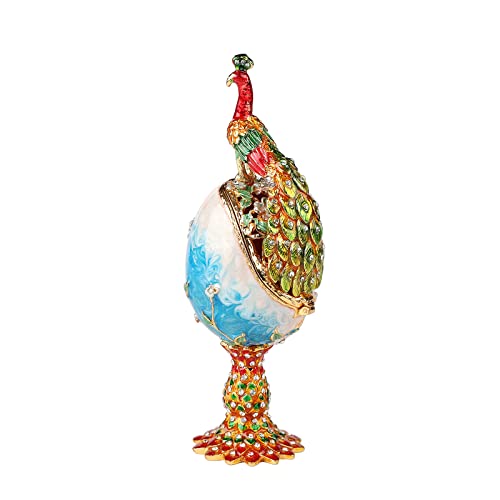 QIFU Vintage Blue Peacock Faberge Egg Style Trinket Box Hinged, Unique Gift for Family