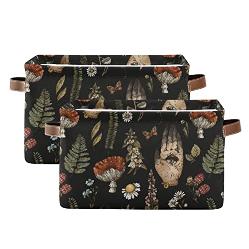 Kigai Botanical Mushroom Witch Hand Storage Basket with Handles for Shelves, Foldable Organizer Waterproof Canvas Storage Bin for Closet/Bathroom/Toy/Nursery, 2 Pack