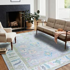modern oushak rug, shades of muted lavender vintage turkish pastel colorful area rugs oriental antique luxury living room bedroom kids room, 4’9 x 6’9