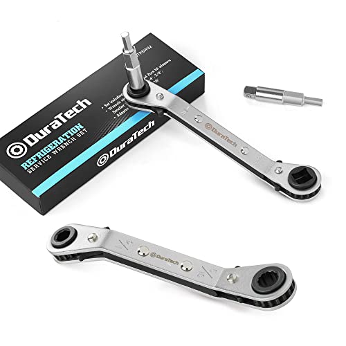 DURATECH HVAC Service Wrench Set, 2-Piece Refrigeration Wrench Set, 4 IN 1 Service Wrench, 3/16", 1/4", 5/16", 3/8", for Air Conditioning and Refrigeration Equipment, with 2PCS Hex Bit Adapter