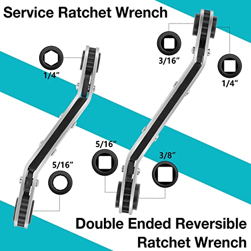 DURATECH HVAC Service Wrench Set, 2-Piece Refrigeration Wrench Set, 4 IN 1 Service Wrench, 3/16", 1/4", 5/16", 3/8", for Air Conditioning and Refrigeration Equipment, with 2PCS Hex Bit Adapter