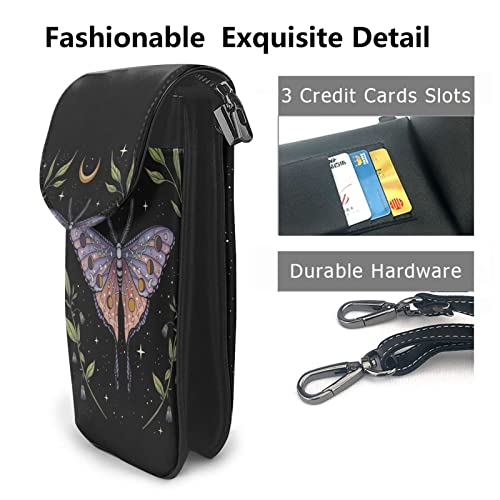 Fashion Moth Moon Animals Leather Cell Phone Purse Messenger Bag Pouch Crossbody Bags Travel Wallet Handbag Adjustable Strap For Women Girl Teen Gifts