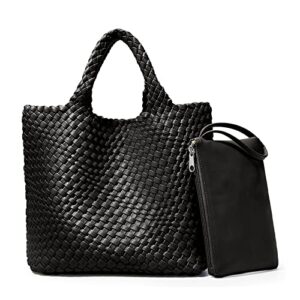 kalidi woven tote bag, women macaron soft leather weave handbag purse wrist bag large capacity work shopping travel daily
