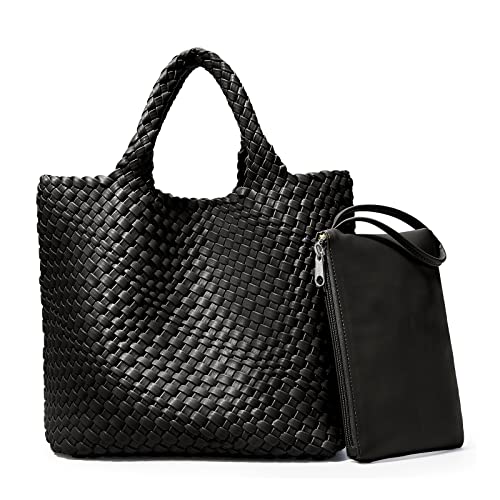 KALIDI Woven Tote Bag, Women Macaron Soft Leather Weave Handbag Purse Wrist Bag Large Capacity Work Shopping Travel Daily