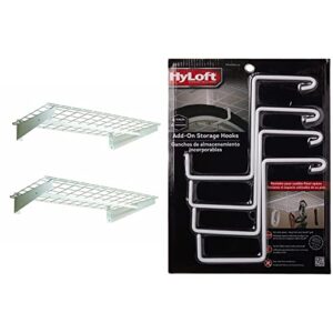 hyloft 777 wall shelf with hanging rod, 36″ x 18″ (2-pack) , white & 00212 add-on storage hook accessory for hyloft model-540 ceiling rack, 4 count , white