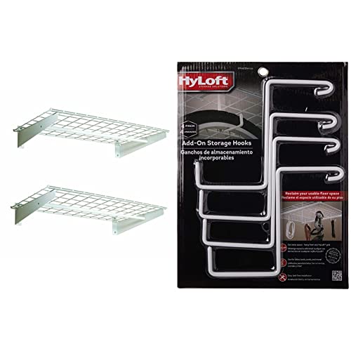 HyLoft 777 Wall Shelf with Hanging Rod, 36" x 18" (2-Pack) , White & 00212 Add-On Storage Hook Accessory for HyLoft Model-540 Ceiling Rack, 4 Count , White