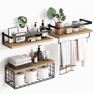 fixwal 3+1 tier wall mounted floating shelves with metal frame, rustic wood bathroom shelves over toilet with wire storage basket and towel bar for bathroom, kitchen, bedroom (rustic brown)