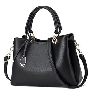 fashion satchel handbag for women vegan leather crossbody bag top handle tote purse ladies casual shoulder bag (black)