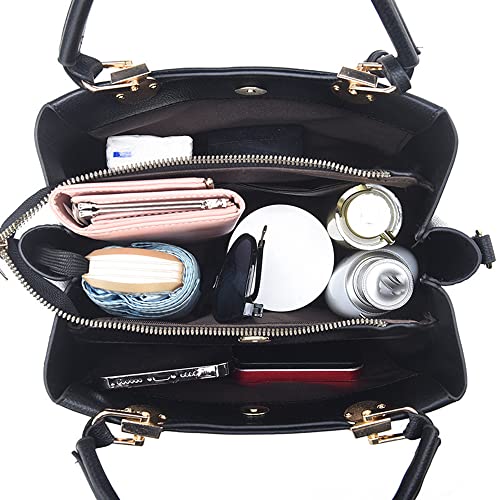 Fashion Satchel Handbag for Women Vegan Leather Crossbody Bag Top Handle Tote Purse Ladies Casual Shoulder Bag (Black)