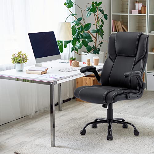 GNMLP2020 Ergonomic Office Chair,Adjustable Computer Chair with Flip-up Armrest,Comfortable PU Leather Task Chair for Heavy People,Rolling Swivel Task Chair Thick Bonded Soft Chair (Black)