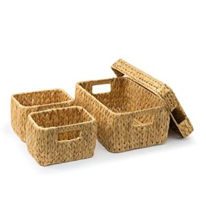 gaiamade water hyacinth storage baskets with lid, wicker baskets for organizing and storage, set of 3 (1pc large, 2pcs medium, 1 lid)