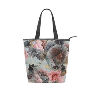 pink rose marble tote handbag for women tote bag, canvas + leather shoulder bag, hobo bag, satchel purse(226ut8a)