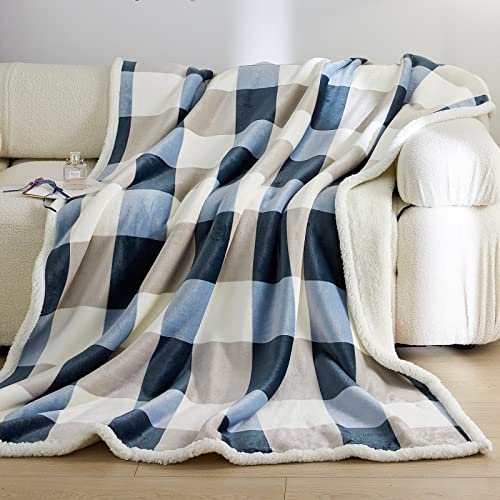 Gracelife Sherpa Throw Blanket 60”x80”, Plaid Warm Cozy Throw Blankets for Sofa, Couch, Bed, Reversible Throws Fluffy Plush Flannel Fleece Blankets and Throws for Adults Women Men, Gray-Soft Blue