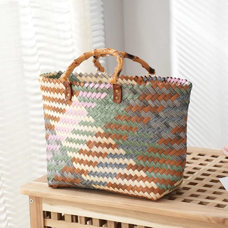 LDTDO Women's Woven Bag Tote Bag Shoulder Portable Large Capacity Cane Woven Shoulder Bag (Color : D, Size : 1)