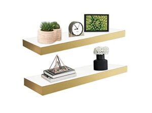 floating shelves, wall mounted shelves, 24-inch wall shelves for living room decor, bedroom, office, kitchen, bathroom, modern white shelf with invisible brackets, set of 2 (gold)