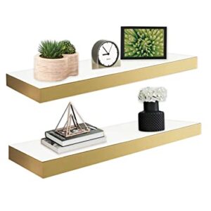 Floating Shelves, Wall Mounted Shelves, 24-Inch Wall Shelves for Living Room Decor, Bedroom, Office, Kitchen, Bathroom, Modern White Shelf With Invisible Brackets, Set of 2 (Gold)