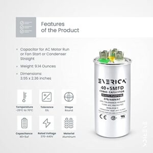 EVERICA 40+5 uF 40/5 MFD ±6% 370V/440VAC CBB65 HVAC Dual Run Circular Start 40/5 440v Capacitor for AC Air Conditioning Run Capacitor Motor Run Fan Start or Condenser Straight