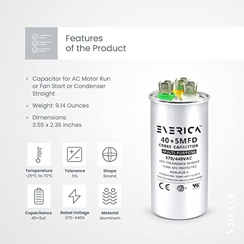 EVERICA 40+5 uF 40/5 MFD ±6% 370V/440VAC CBB65 HVAC Dual Run Circular Start 40/5 440v Capacitor for AC Air Conditioning Run Capacitor Motor Run Fan Start or Condenser Straight