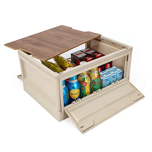 The foldable outdoor camping storage box has a large capacity of 40L, the foldable storage box equipped with a wooden cover and rollers can be used for indoor,car trunk and camping.