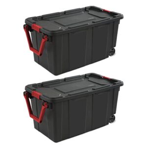 clayat 40 gal/151 liter wheeled industrial tote, rolling storage bins for basement/garage/attic storage tote container bin with black lid & base w/racer red handle & latches, set of 2