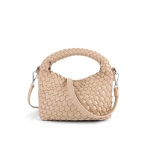 Women Woven Tote Small Crossbody Bag, Weave Quilted Purse Square Shoulder Bag Woven Handbag with Detachable Strap (Khaki)