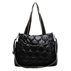 fashion casual autumn winter cotton clothes quilted ladies large capacity shoulder bag tote bag for women crossbody satchels portable travel(01-black)