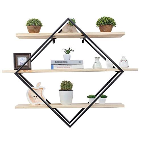 QUUL Simple Solid Wood Wall Hanging Shelf, Three Tier Floating Wall Hanging Decorative Iron Solid Wood Storage Display Stand