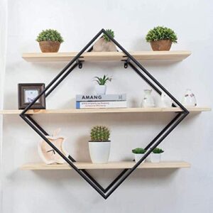 QUUL Simple Solid Wood Wall Hanging Shelf, Three Tier Floating Wall Hanging Decorative Iron Solid Wood Storage Display Stand