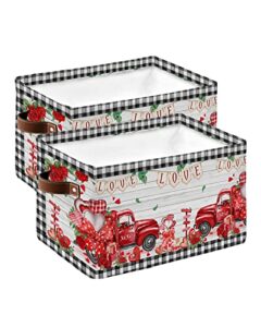 valentine large storage baskets bins waterproof fabric, saint truck red rose boho farmhouse plaid rectangular storage box for shelf closet organizer ( 2 pack)