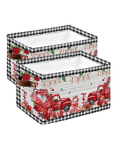 Valentine Large Storage Baskets Bins Waterproof Fabric, Saint Truck Red Rose Boho Farmhouse Plaid Rectangular Storage Box for Shelf Closet Organizer ( 2 Pack)