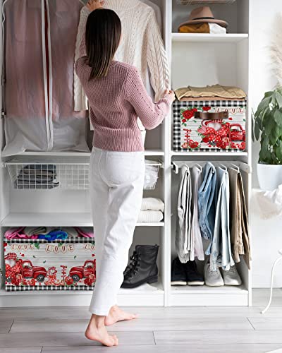 Valentine Large Storage Baskets Bins Waterproof Fabric, Saint Truck Red Rose Boho Farmhouse Plaid Rectangular Storage Box for Shelf Closet Organizer ( 2 Pack)