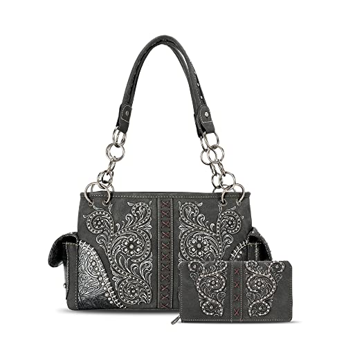 Montana West Vegan Leather Satchel Bags for Women Floral Embroidered Western Shoulder Bag with Wallet Set MW1076G-8085BK+W