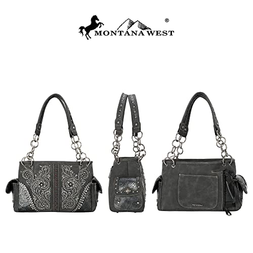 Montana West Vegan Leather Satchel Bags for Women Floral Embroidered Western Shoulder Bag with Wallet Set MW1076G-8085BK+W