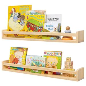 fun memories nursery book shelves set of 2 – rustic natural solid wood floating bookshelf for kids – wall book shelves kitchen spice rack for kids room, home decor – natural wood – 32 inch