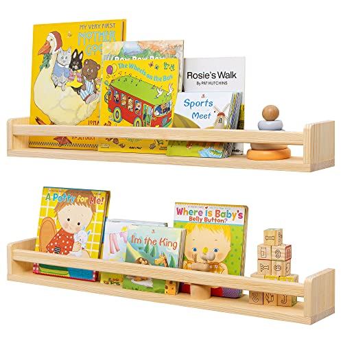 Fun Memories Nursery Book Shelves Set of 2 - Rustic Natural Solid Wood Floating Bookshelf for Kids - Wall Book Shelves Kitchen Spice Rack for Kids Room, Home Decor - Natural Wood - 32 Inch