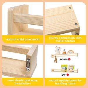 Fun Memories Nursery Book Shelves Set of 2 - Rustic Natural Solid Wood Floating Bookshelf for Kids - Wall Book Shelves Kitchen Spice Rack for Kids Room, Home Decor - Natural Wood - 32 Inch