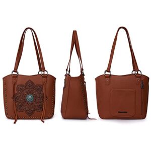 Montana West Western Tote Bag for Women Concealed Carry Shoulder Handbag Tooling Vegan Leather Purses with Wallet Brown MBB-MWC-144W-BR