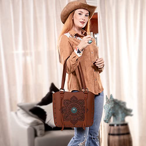 Montana West Western Tote Bag for Women Concealed Carry Shoulder Handbag Tooling Vegan Leather Purses with Wallet Brown MBB-MWC-144W-BR