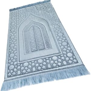 Durable Prayer Rug Muslim Mat Islamic - Luxurious Velvet Turkish Prayer Rug Sajadah for Kids Men Women for Eid Travel Ramadan, Soft and Luxury (Blue)