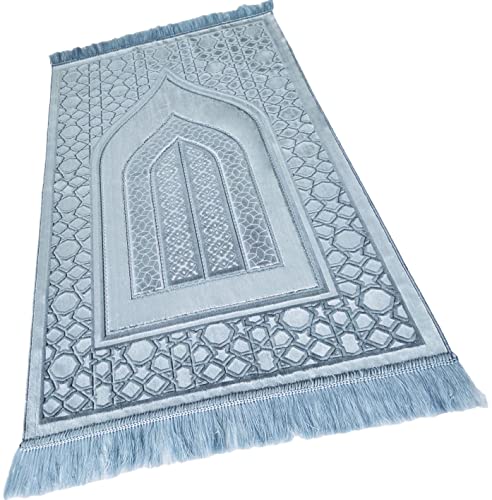 Durable Prayer Rug Muslim Mat Islamic - Luxurious Velvet Turkish Prayer Rug Sajadah for Kids Men Women for Eid Travel Ramadan, Soft and Luxury (Blue)