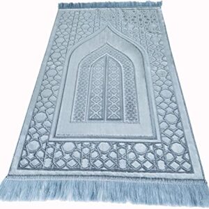 Durable Prayer Rug Muslim Mat Islamic - Luxurious Velvet Turkish Prayer Rug Sajadah for Kids Men Women for Eid Travel Ramadan, Soft and Luxury (Blue)