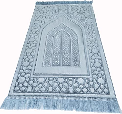 Durable Prayer Rug Muslim Mat Islamic - Luxurious Velvet Turkish Prayer Rug Sajadah for Kids Men Women for Eid Travel Ramadan, Soft and Luxury (Blue)