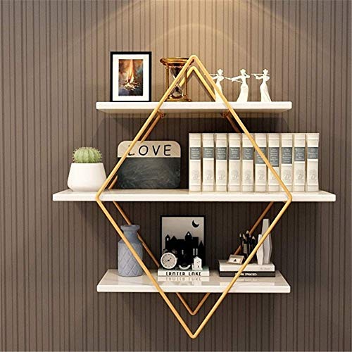 PIBM Stylish Simplicity Shelf Wall Mounted Floating Rack Shelves Rhombus Iron Art Solid Wood Bookshelf Flower Stand Living Room Save Space,2 Sizes,3 Layers, White , 60x20x60cm