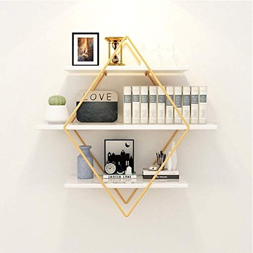 PIBM Stylish Simplicity Shelf Wall Mounted Floating Rack Shelves Rhombus Iron Art Solid Wood Bookshelf Flower Stand Living Room Save Space,2 Sizes,3 Layers, White , 60x20x60cm