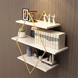 PIBM Stylish Simplicity Shelf Wall Mounted Floating Rack Shelves Rhombus Iron Art Solid Wood Bookshelf Flower Stand Living Room Save Space,2 Sizes,3 Layers, White , 60x20x60cm